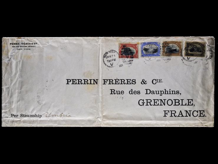 Pan-American Series Stamps (295,297,298,299) Tied on Large 1901 Cover from New York to Grenoble, France