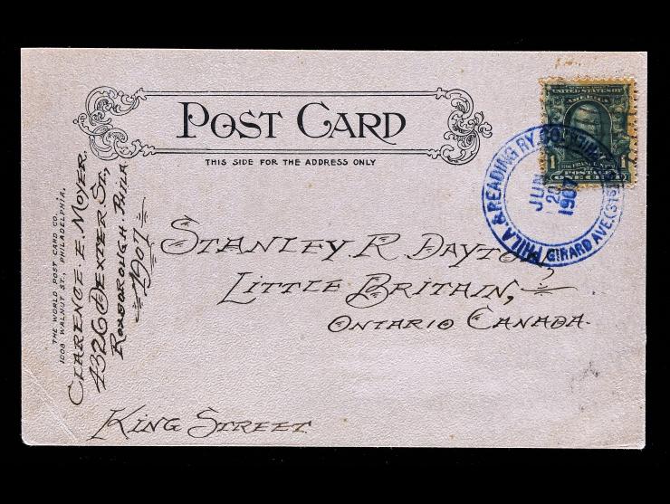 #300 1c Green on Philadelphia & Reading Railway Company Postcard to Ontario, Canada
