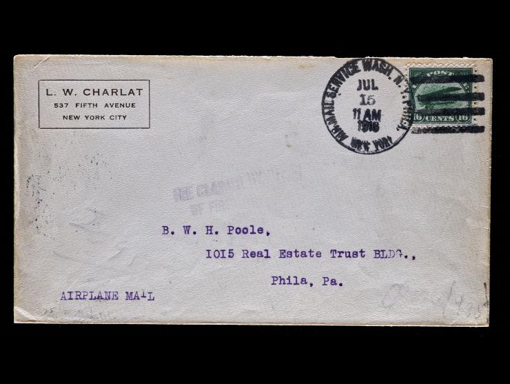 #C2, 1918 16c Green, on First Flight Cover to Philadelphia on L.W. Charalat Corner Card