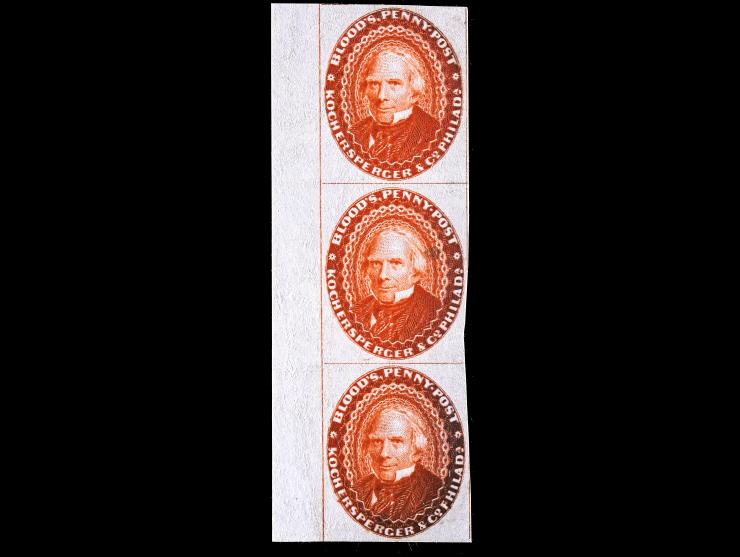 D.O. Blood & Co., 15L18TC3d, 1c Reddish Brown, Vertical Strip of 3, Left Margin Proof
