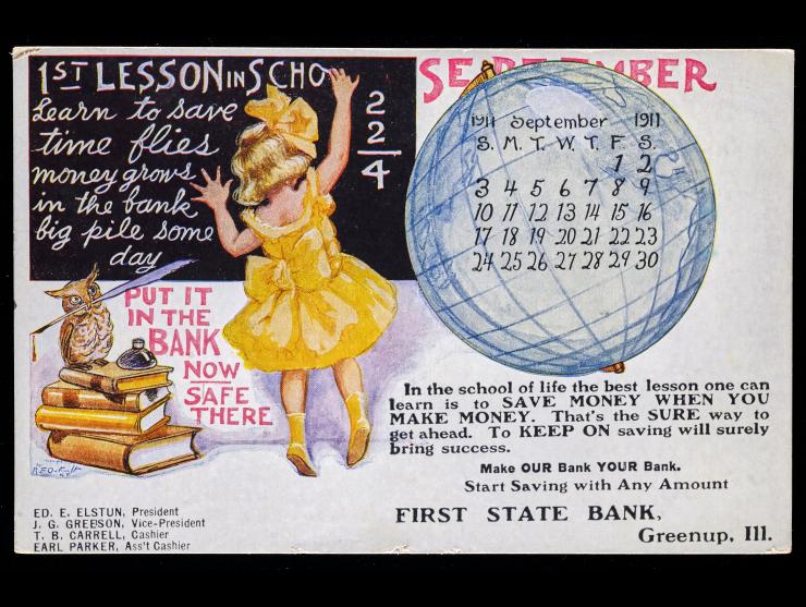 First State Bank, #374 1910 1c Green on 1911 Illustrated Bank Advertising Postcard