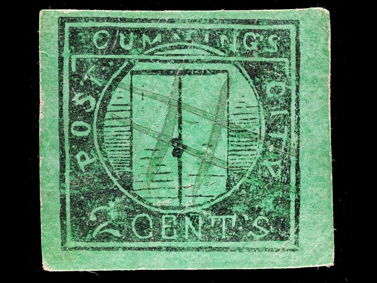 Cumming's City Post, 2c Black on Green Glazed, 55L2, Used with Pen Cancel