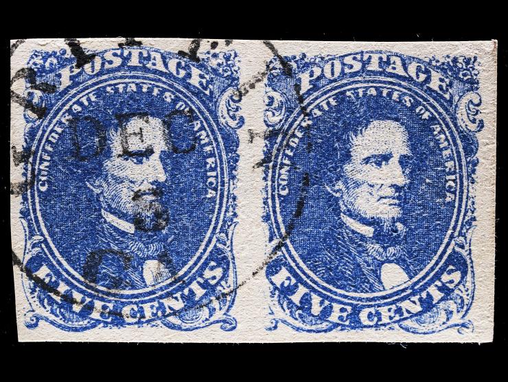 Confederate States, CSA #4 1861 5c Green, Genuine Horizontal Pair with Counterfeit Griffin, GA Cancel