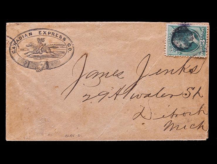 Canadian Express Co., Illustrated Corner Card (CDNX-CC5) with #147 1870 3c Green, Tied by Cork Cancel to Detroit, Michigan