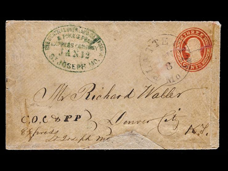 The Central Overland California & Pikes Peak Express Company, St. Joseph, Green Oval Company Handstamp (RMW‐103) on U10 3c Entire to Denver City, Kansas Territory