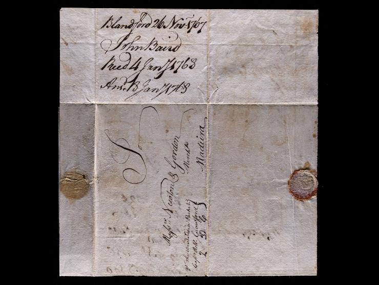 1767 Stampless Folded Letter, Blandford, Virginia to Madeira via the Falmouth–Madeira–West Indies Packet