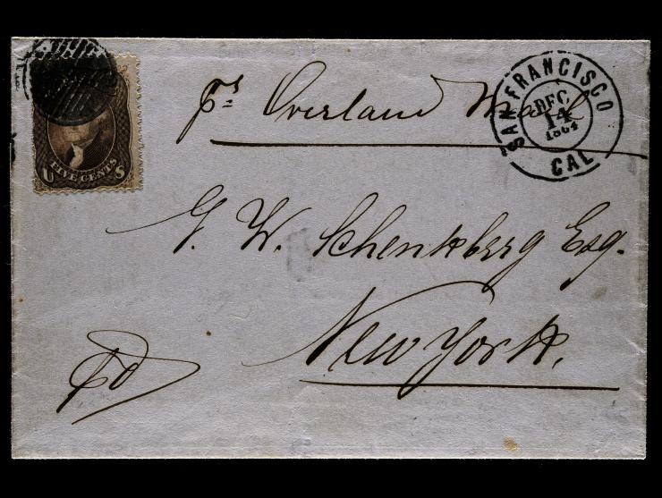 #76 1863 5c Brown, Tied by Extra Bold Grid, with Bold "San Francisco Cal" Double Circle on 1864 "per Overland Mail" Folded Cover to New York