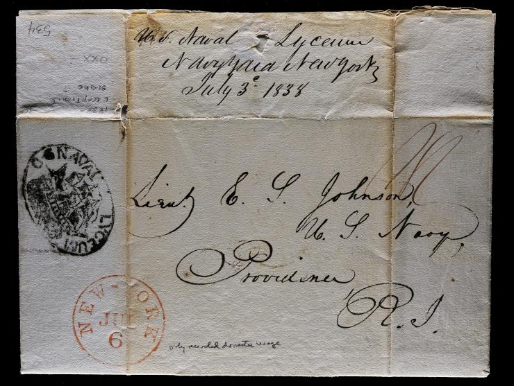 U.S. Naval Lyceum, Illustrated Full-Rigged Sailing Ship Oval Handstamp on 1838 Folded Letter