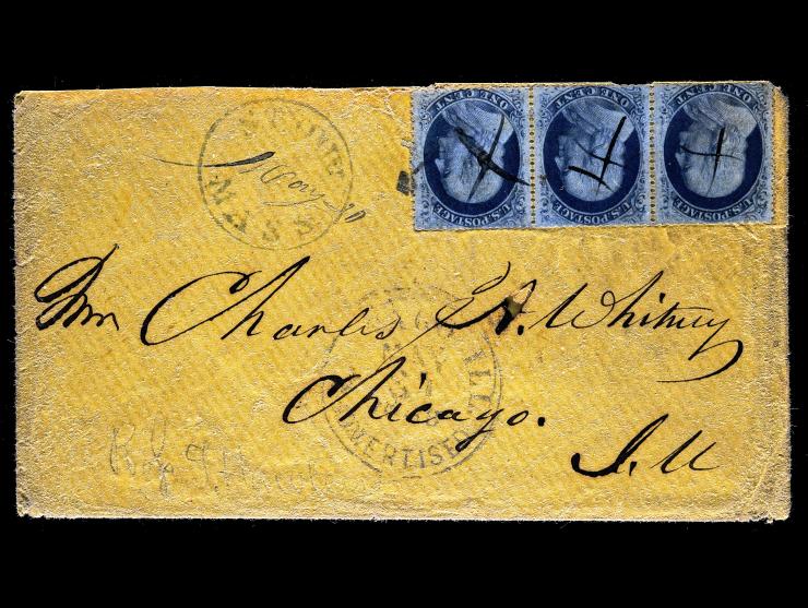 #24 1c Blue, Strip of Three, Pen Canceled, Stowe Mass. to Chicago Ill., with "Advertised" Circular Date Stamp