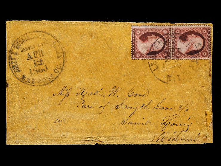 Jones & Russell's Pike's Peak Express & Co. Handstamp April 12, 1860, Denver City, with Two #26 3c Dull Red Singles Tied by "Leavenworth City, K.T" Datestamp, on 1860 Cover to Missouri