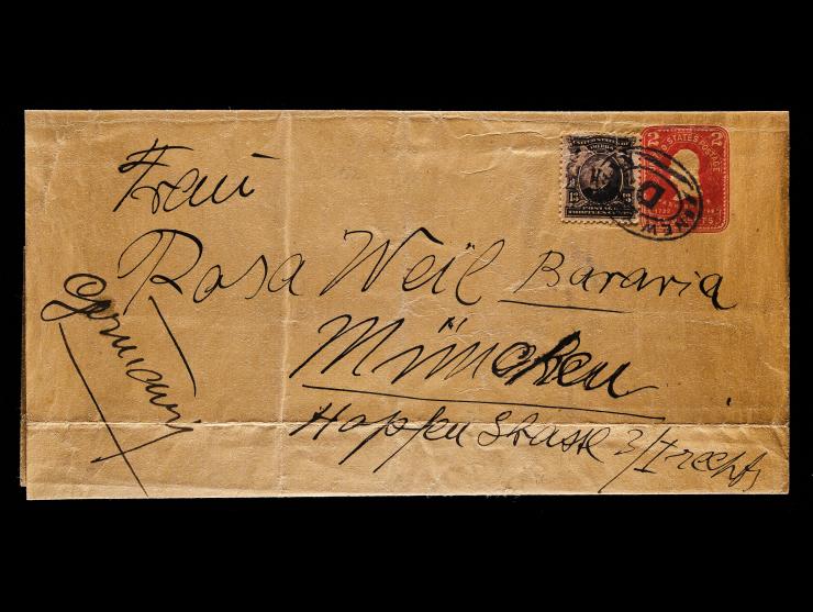 #308 13c Purple Black Tied on #W389 2c Carmine Wrapper, New York to Munich, Printed Matter Rate