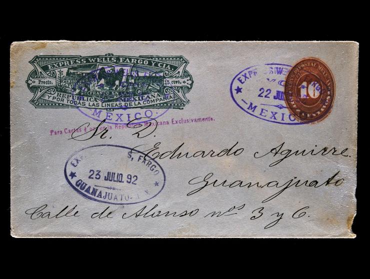Wells, Fargo & Co. Express, Republic of Mexico, Green Railroad Printed Frank, WFM‐038, 1892 Cover to Guanajuato