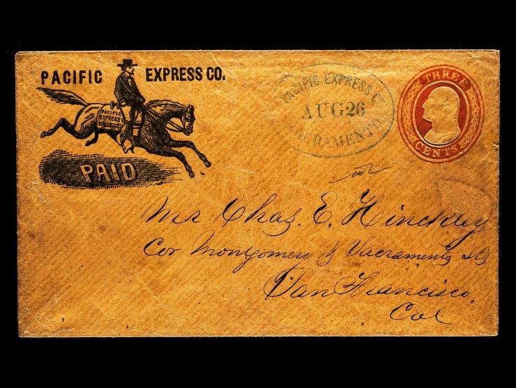 Pacific Express Co., Black Printed Frank (PAC‐002), on 3c Red U10 Entire, with Blue Oval Sacramento (PAC-102) Datestamp, on Cover to San Francisco