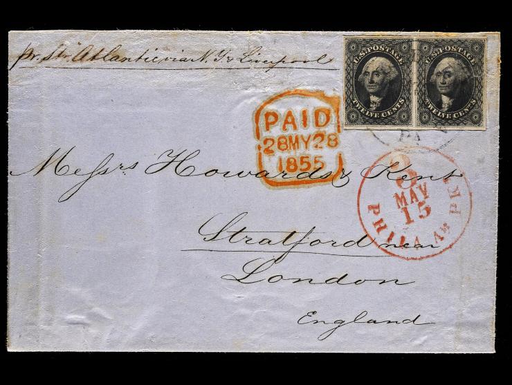 #17, 12c Black, Horizontal Pair on 1855 Cover to London, Carried by Collins' Line "Atlantic"