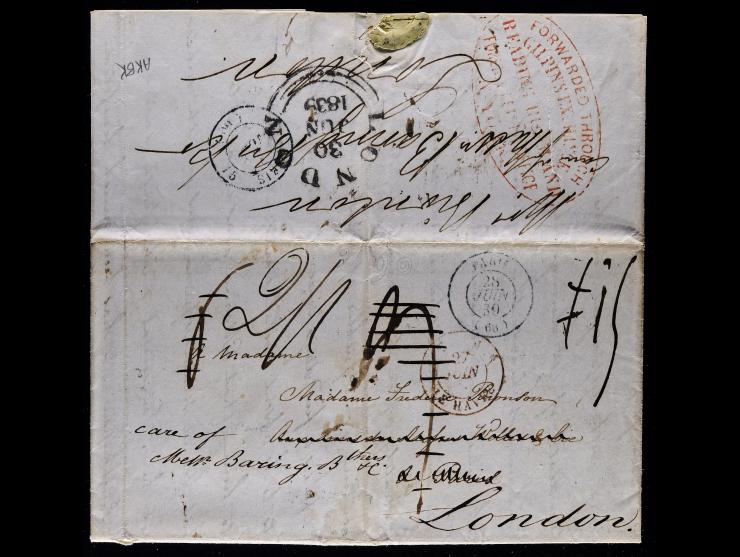 Gilpin's Exchange Reading Room, Red Forwarding Mark, on 1839 Cover, New York to Paris, Redirected to London