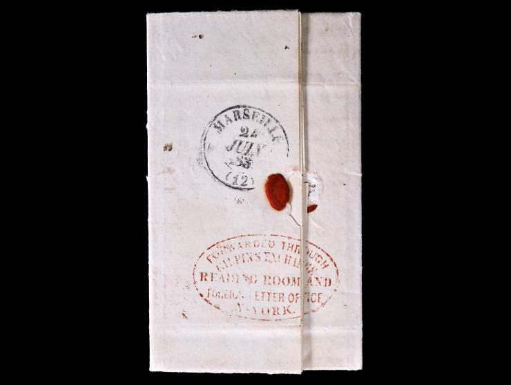 Gilpin's Exchange Reading Room, Red Oval Forwarding Handstamp on 1859 Folded Letter to France