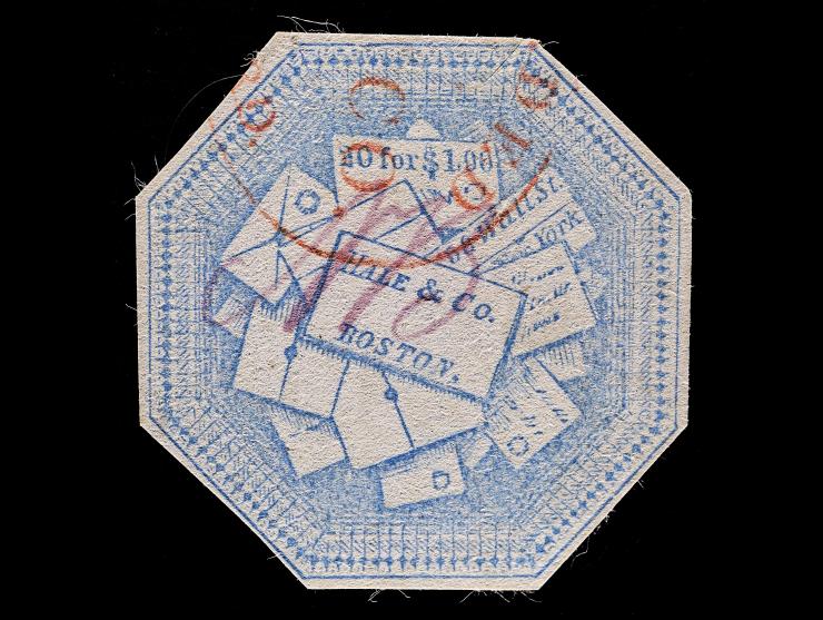 Hale & Co., 75L5, 6c Blue, Used, Cut to Shape, Manuscript "NB" for New Bedford with Oval Company Handstamp