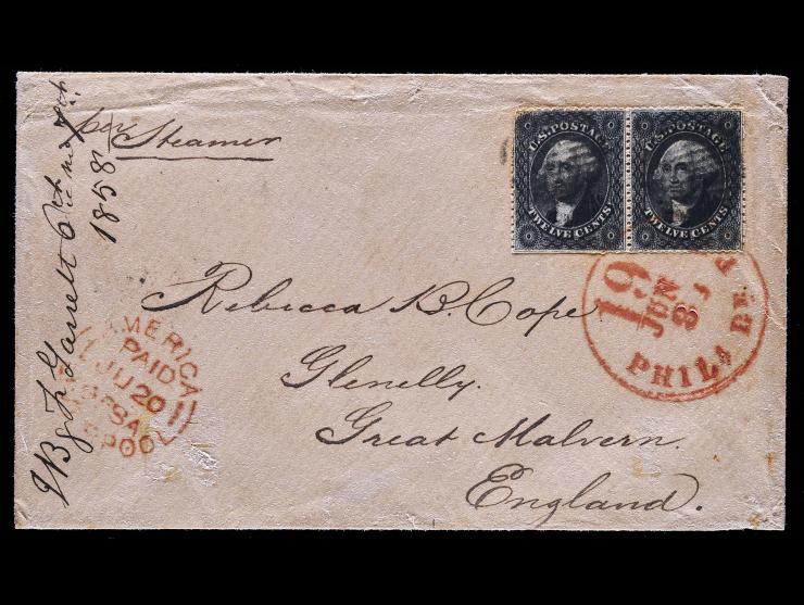 #36, 12c Black, Plate 1, Horizontal Pair on 1858 Cover to England, Carried by Cunard's Africa