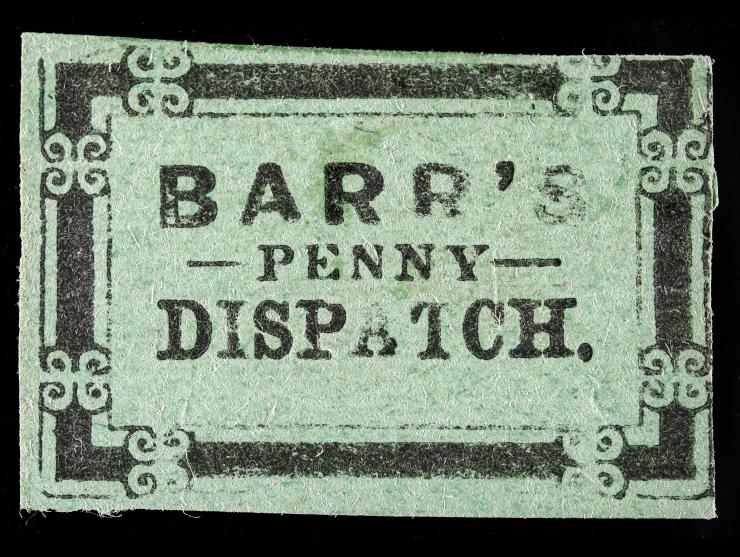 Barr's Penny Dispatch, 1855, Type V, 1c Black on Green, 8L2, Unused