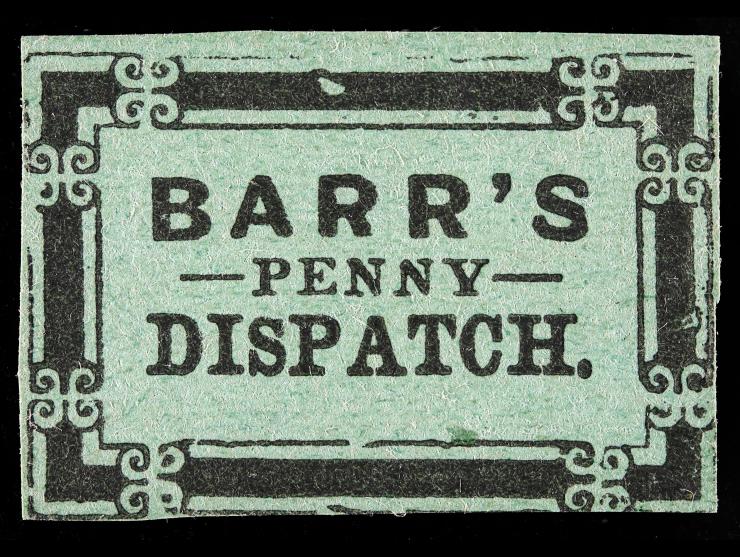 Barr's Penny Dispatch, 1855, Type VI, 1c Black on Green, 8L2, Unused