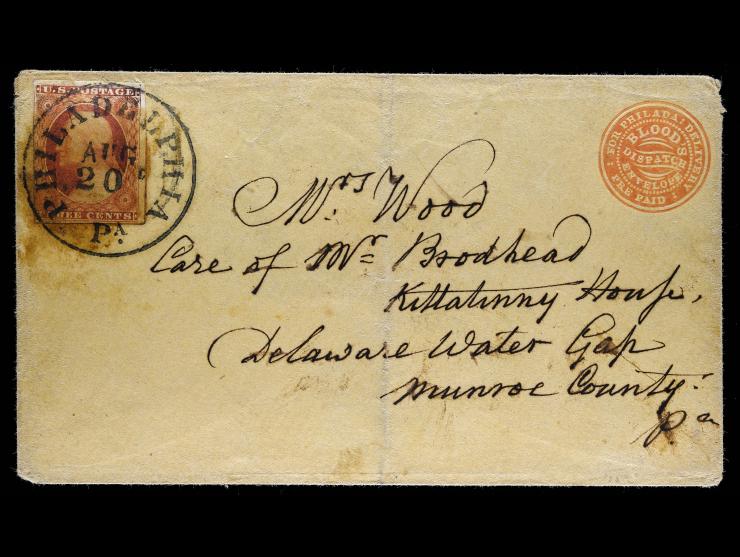 Blood's Penny Post, 1848, Red on buff, 15LU9 embossed entire with 3c Yellowish Rose Red, 11