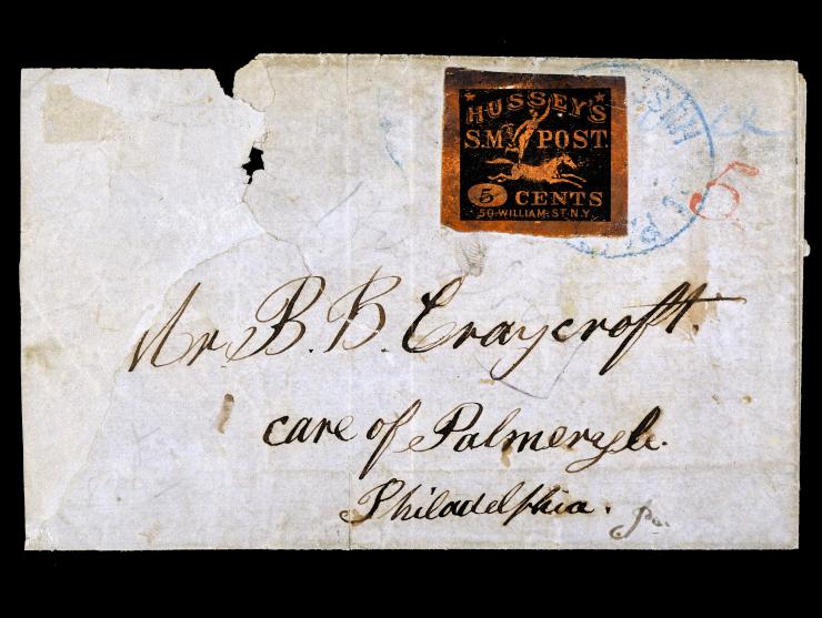 Hussey's Post, 87LE1, 5c Black on Red Glazed, Tied on Cover
