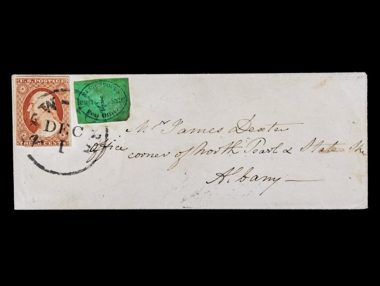 Messenkope's Union Square, 1849, Black on Green, 106L1 on cover with New York & New Haven Rail Road red CDS