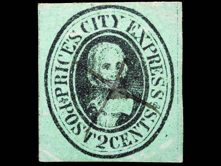 Price's City Express, 1857, 2c Black on Green, 119L2 On Advertising Corner Card