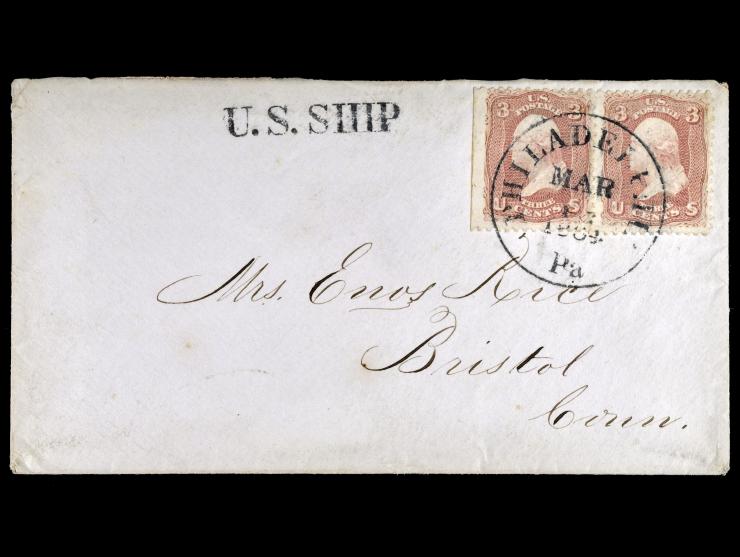 U.S. SHIP Straightline, 3c Rose Pair with Left Margin, addressed to the USS Bristol of the South Atlantic Blockading Squadron