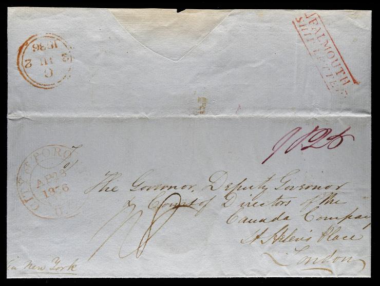 1839 Falmouth Ship Letter, Toronto, Canada to London, England Via New York