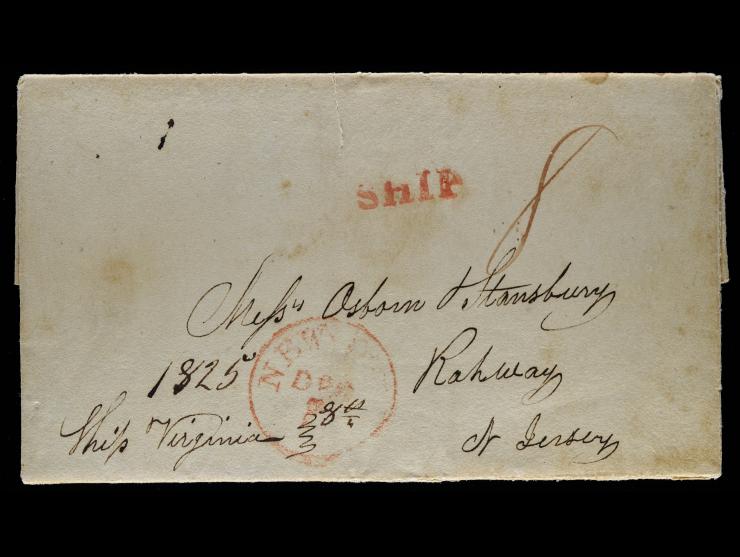 Red "SHIP Straightline on Folded Letter, New York to New Jersey, rated 6c + 2c Ship