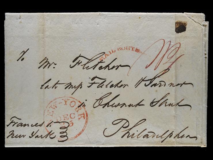 MAIL ROUTE marking, 1829 Folded Letter to Philadelphia, 18 3/4 c Rate