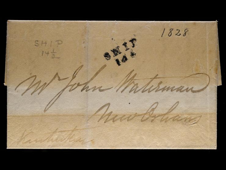 SHIP 14 1/2 Handstamp on 1828 Folded Letter to New Orleans