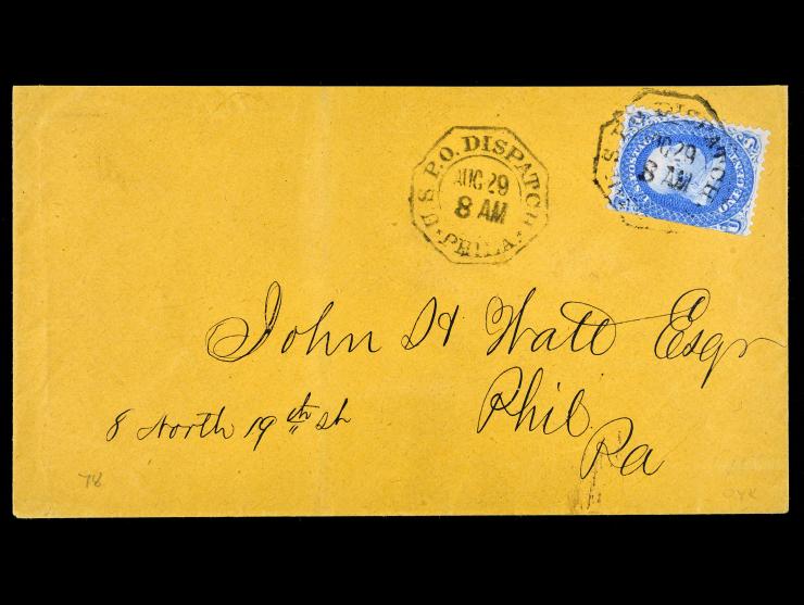 #24 1c Blue, tied on Cover by U.S. P.O. Dispatch Philadelphia Carrier cds