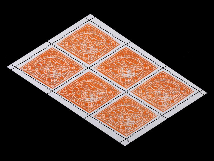 Bicycle Mail Route, Two Perforated Panes of Six in Blue and Orange