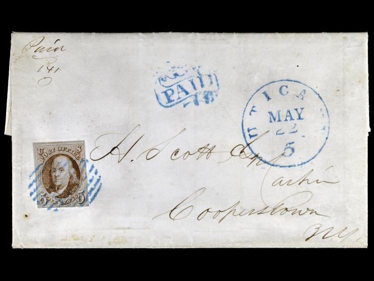 1847, 5c Deep Red Brown, 1, "S" Variety, with Fancy Blue "PAID" in Scroll