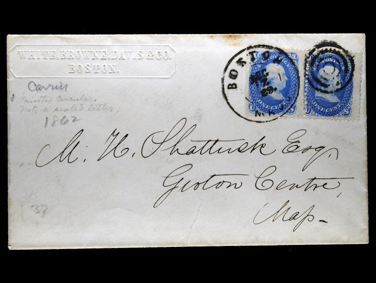 #63 1c Dark Blue Horizontal Pair, Tied by Boston Carrier cds on Embossed Advertsing Cover to Boston