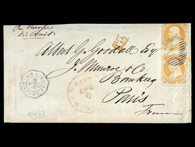 #71 30c Orange Vertical Pair, Tied on 1867 Cover to France