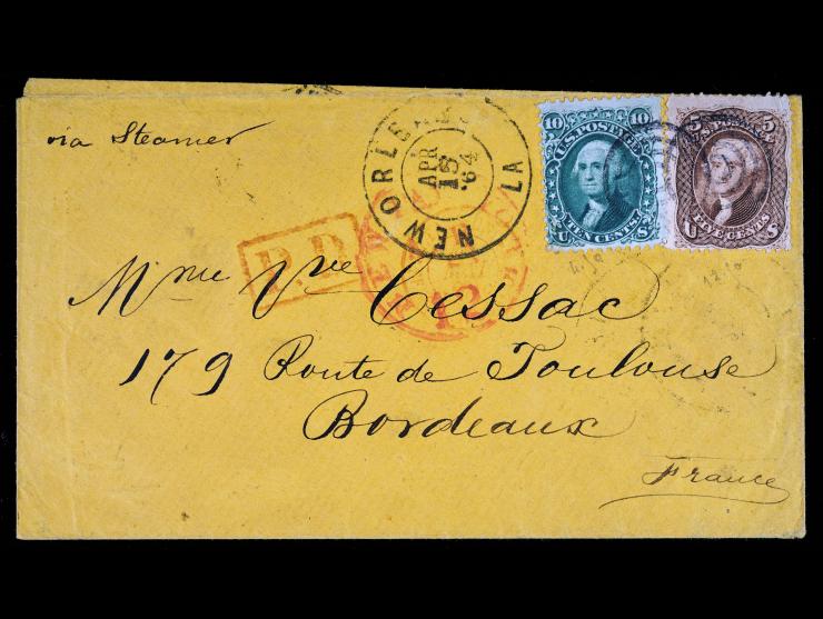 #68a 10c Dark Green and #76 5c Brown with Double Transfer on Cover, New Orleans to Bordeaux France via Steamer