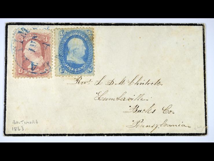 #63 1c Blue and #65 3c Rose, Tied on Baltimore Carrier Mourning Cover