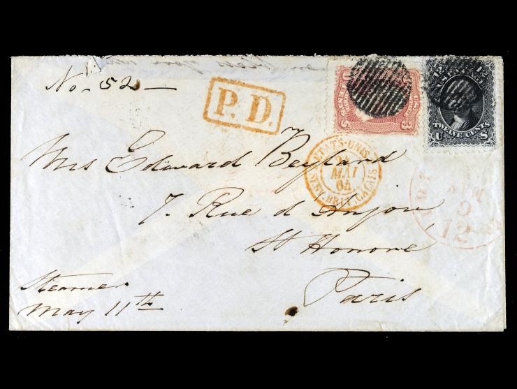 #65 3c Rose and #69 12c Black, Tied by Black Grids on 1864 Cover to Paris