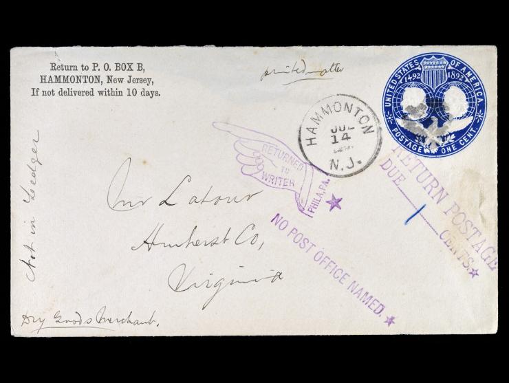Third Class, Printed Matter Rate, U348 Deep Blue 1c Columbus Postal Stationary, "No Post Office Marked"