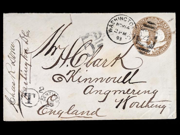 Underpaid Postal Stationary U350 5c Brown Cover from Washington, D.C. to Angmering, Worthing, England