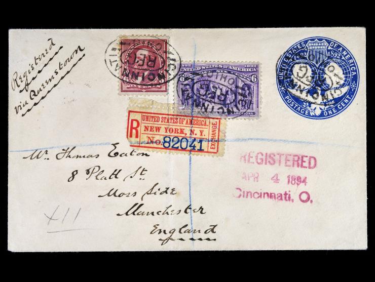 #224 5c Chocolate and #235 6c Purple Columbian on U348 Registered Cover to Manchester, England