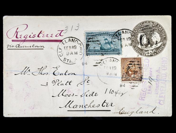 #223 5c Chocolate and #232 3c Columbian on U350 10c Columbian Postal Stationary