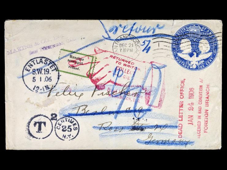 U348 Deep Blue 1c Columbus Postal Stationary, Initially Sent to Germany and Returned to United States