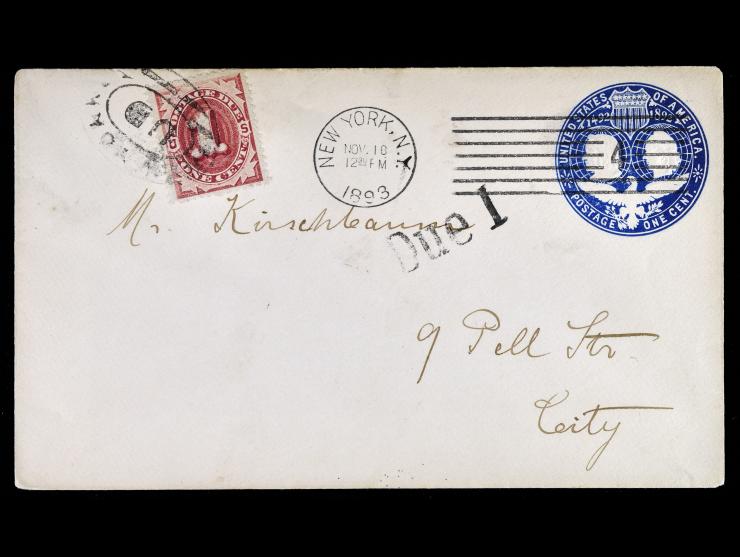 #J22 1c Red on U348 1c Blue Columbian Postal Stationary, "Due 1"