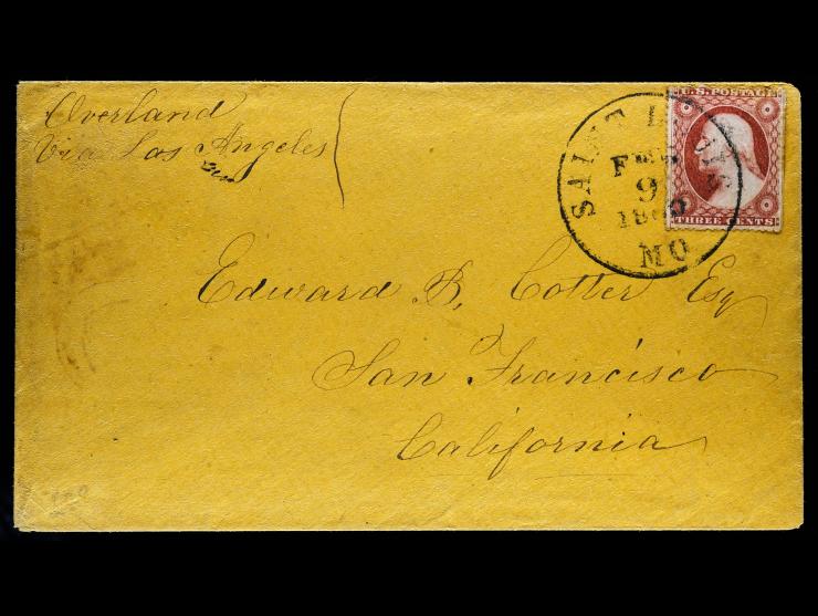 Overland Mail Via Los Angeles, #26 3c Dull Red tied by St. Louis cds, on Cover to San Francisco