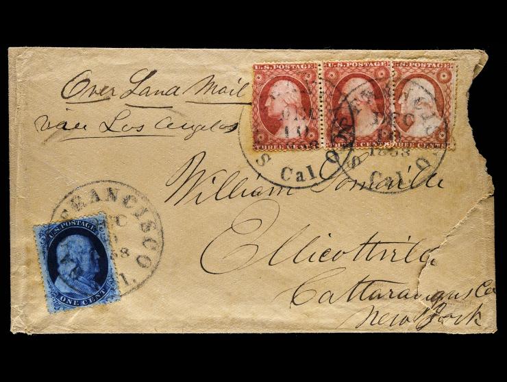 Overland Mail Via Los Angeles, Single #24 1c Blue Type 5 and Three #26 3c Dull Red, All Tied on Cover to New York