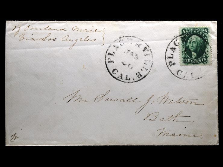 Overland Mail Via Los Angeles, #35 10c Green Type V tied by Placerville, Cal cds, on Cover to Bath, Maine